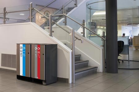 Electra Recycling bins placed at the bottom of stairs