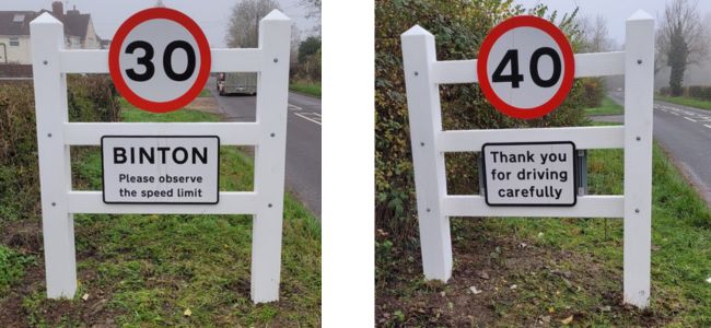 Image of two village gateway signs with 30 and 40 speed limit.