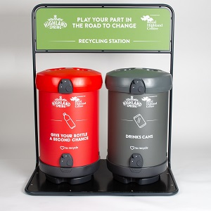 Two personalised C-Thru 180 Recycling Bins for collecting plastic bottles and drinks cans on a recycling stand