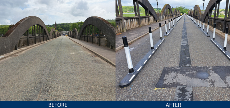 Side by side comparison of the Kirkcudbright Bridge before and after Glasdon Endurokerb cycle lane defenders were installed