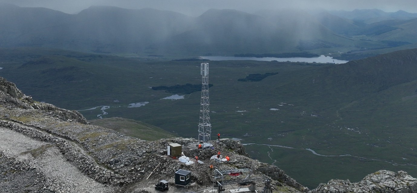 overhead image of a remote construction site in the Scottish highlands featuring workers and a Glasdon Garrison housing