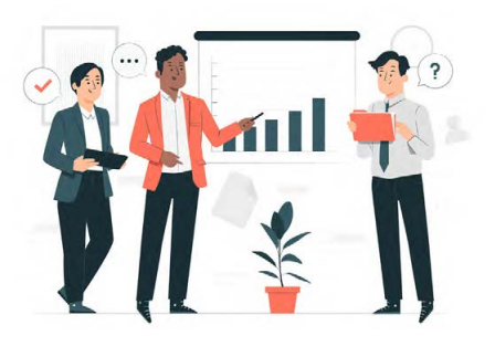 employees talking about and pointing to a bar chart on a screen