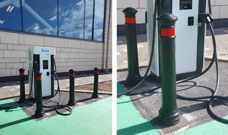 Glasdon Manchester Bollard protecting an Electric Vehicle Charger