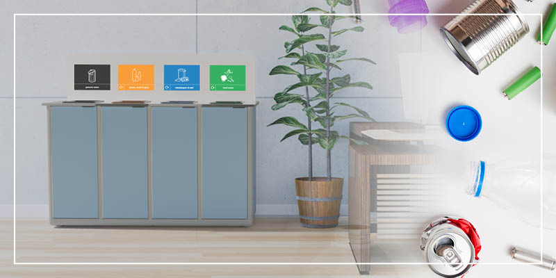 origin infinity recycling station in an office setting fading into a selection of recyclable waste