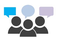 an illustration of staff members with speech bubbles above their heads
