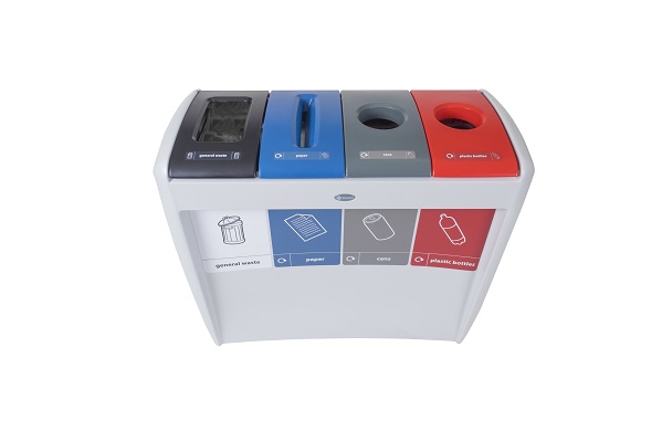 Nexus Evolution Quad Bin with a stream for general waste, paper, cans and plastic bottles