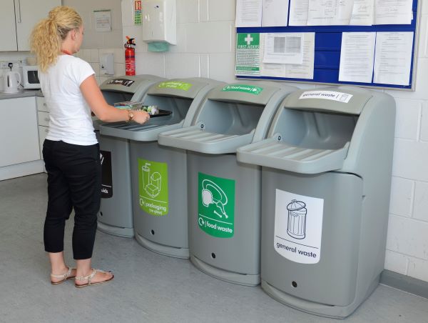 Combo with tray shelf bins together to form a recycling station in the workplace