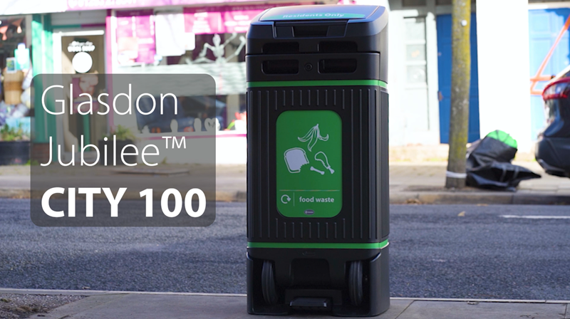 glasdon jubilee city recycling food waste bin on an urban street