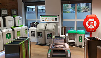 Selection of Glasdon recycling bins and lifebuoy housing inside the new showroom in London