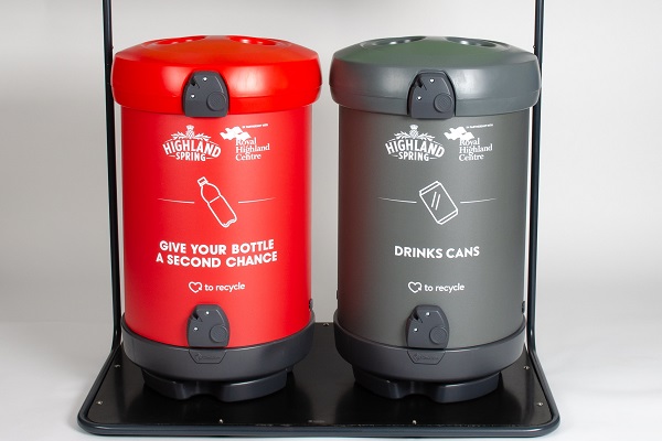 Two personalised C-Thru 180 Recycling Bins for collecting plastic bottles and drinks cans