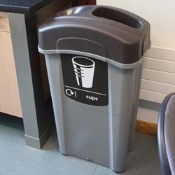 eco nexus cup recycling station with cup recycling graphics in a staff room