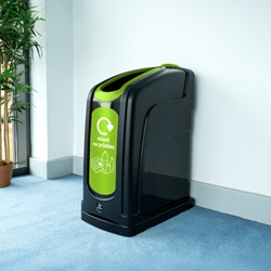 nexus 50 recycling bin with green mixed recyclables graphics on an office floor
