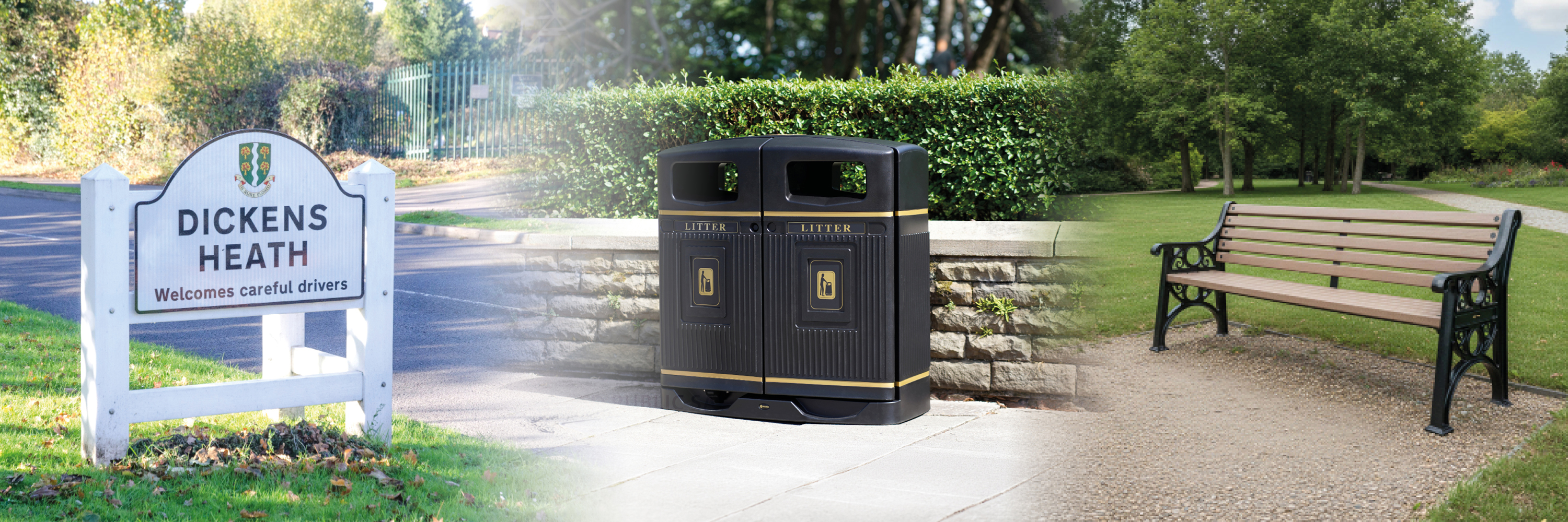Glasdon Royale litter bin near a famous statue and plaza in the Polish heritage town of Wolsztyn