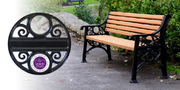 The Queen's Platinum Jubilee emblem can be used on a commemorative seat such as the Lowther™ Seat by Glasdon