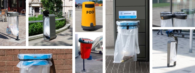 collage of glasdon FOD bins, transparent sack holders, and transparent litter bins