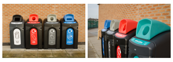 Two images of the Nexus City Wheelie Bin Housing - Four Nexus City bins lined against a wall - Close-up of Nexus City apertures