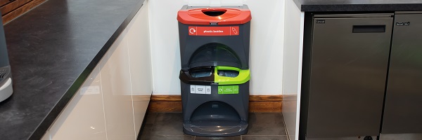 Nexus Stack Recycling Bins with a stream for plastic bottles, general waste and mixed recyclables