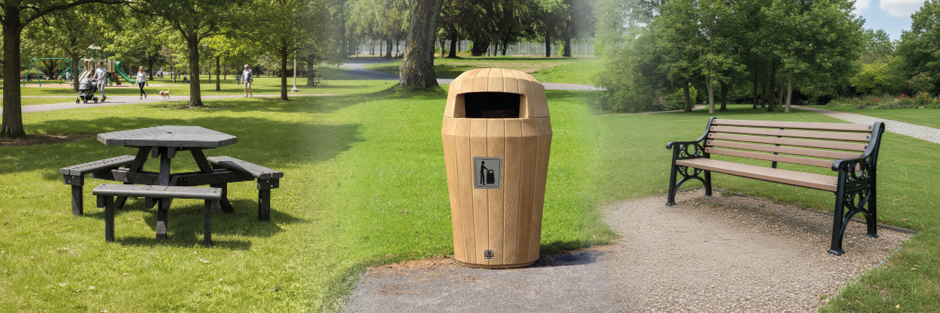 Glasdon Royale litter bin near a famous statue and plaza in the Polish heritage town of Wolsztyn