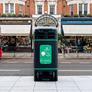 glasdon jubilee city 100 recycling food waste bin on a london street