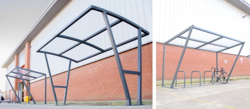 Montage of Glasdon Strada and Cadence Cycle Shelters