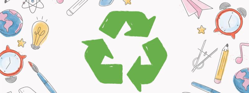 green recycling logo on a background with school children drawings