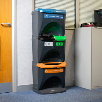 nexus stack recycling bin with different waste streams in a library