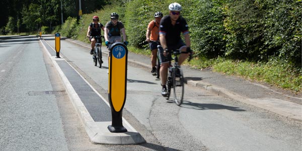 Commuting cyclists using new cycle lanes in Broughton, Lancashire