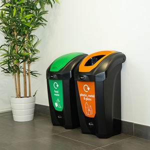 two nexus 30 indoor recycling bins side by side with food waste and plastic, metal, and glass waste streams