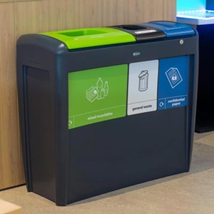 nexus evolution indoor recycling bin with three waste streams for general waste, mixed recyclables, and confidential paper