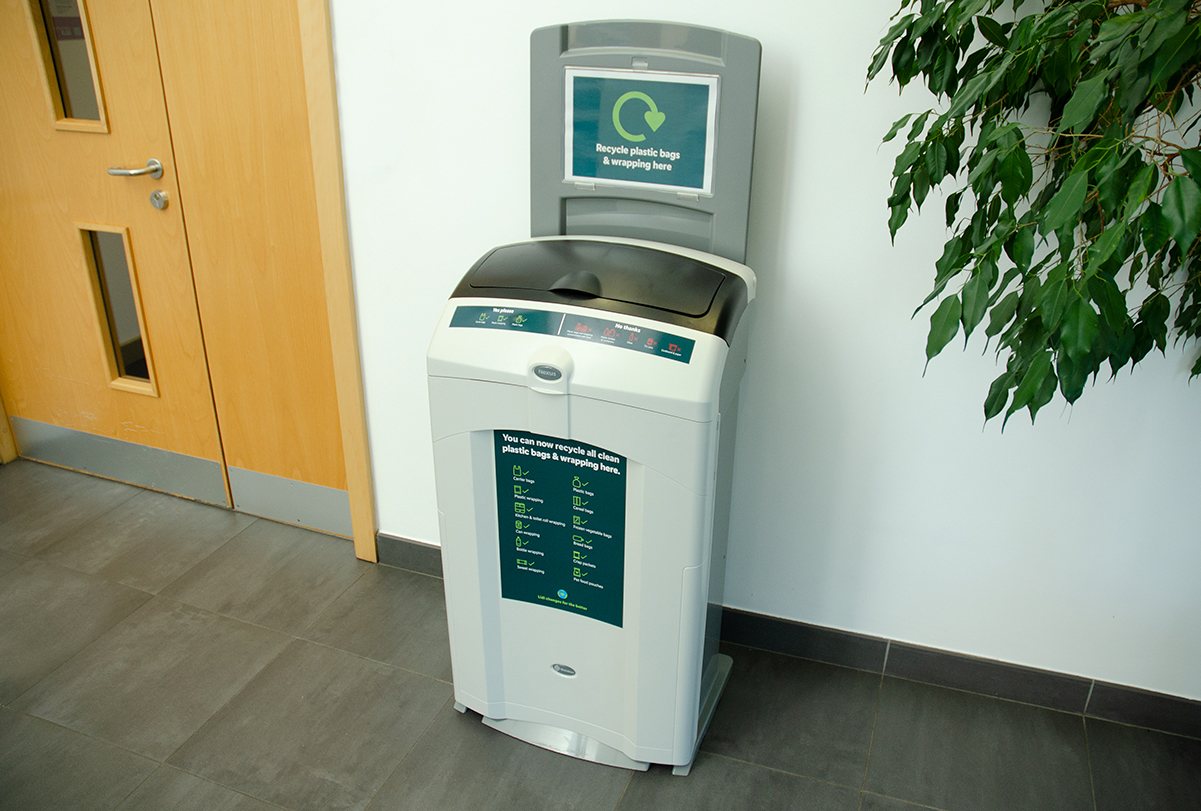 Nexus® 100 Recycling Bin with personalised front graphic, top graphic and sign carrier graphic