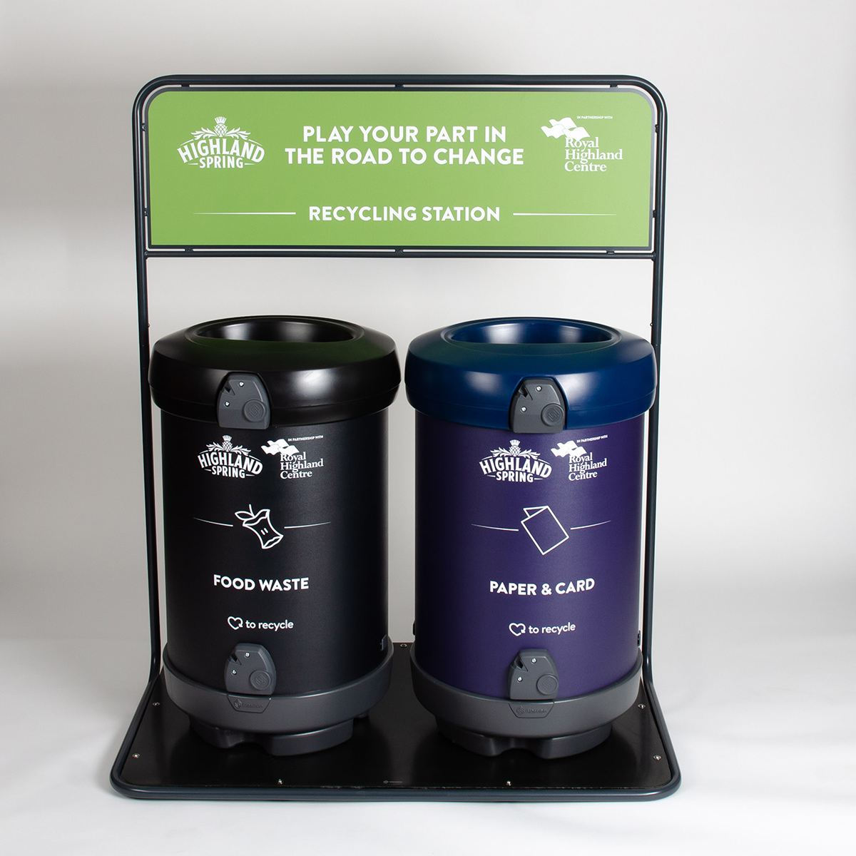 C-Thru™ 180 Recycling bins with personalised bin body and recycling stand graphic
