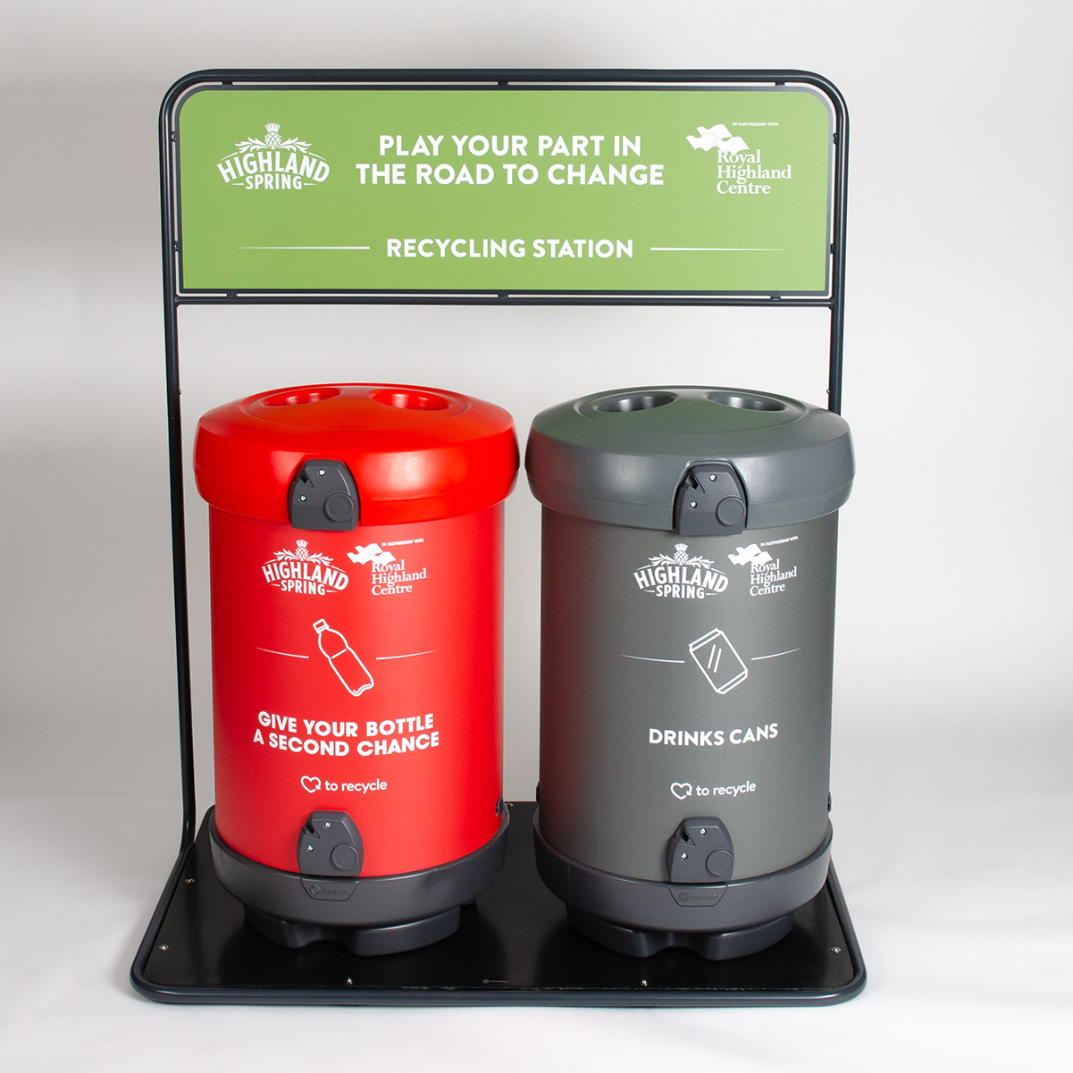 C-Thru™ 180 Cans/Bottles Recycling bins with personalised bin body and recycling stand graphic