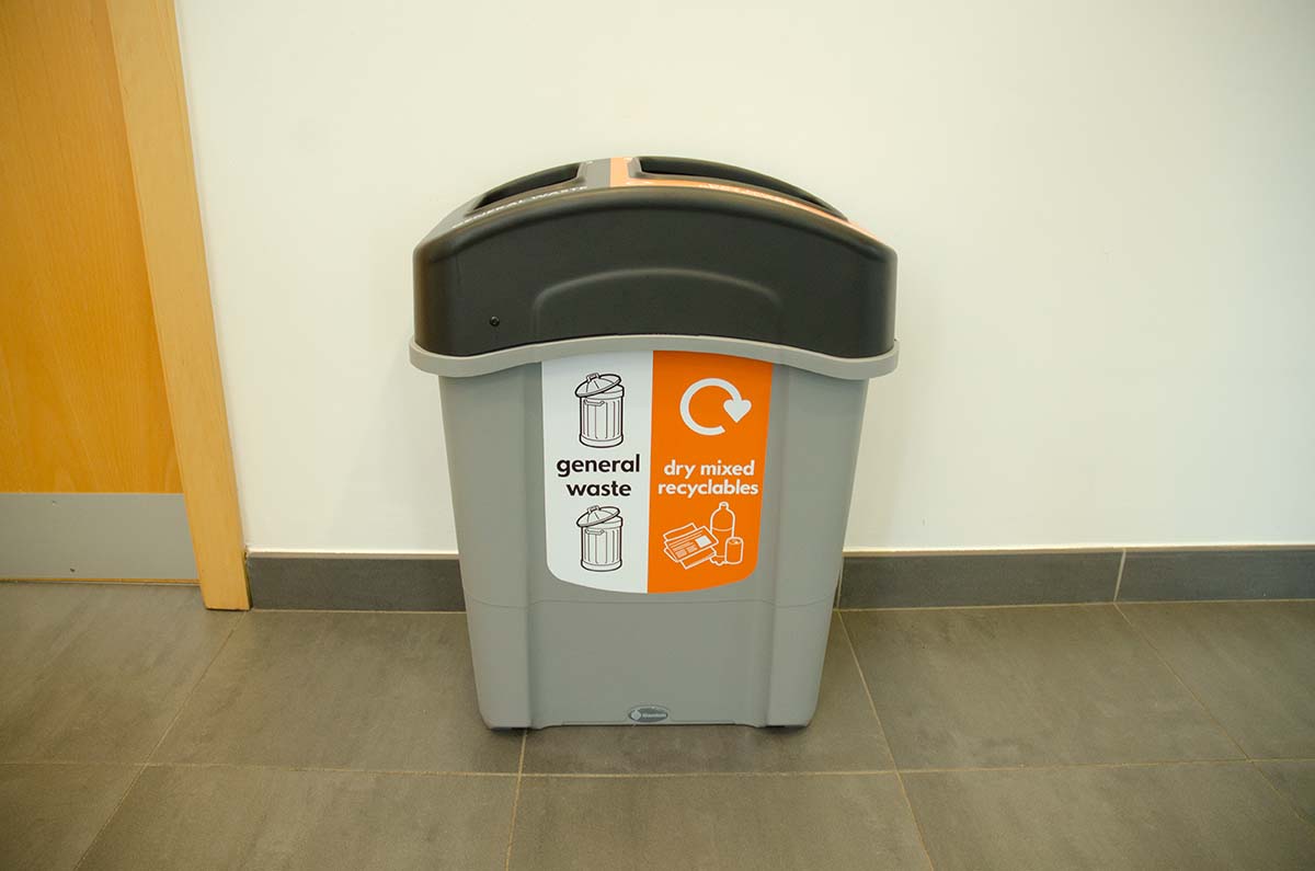 Eco Nexus® Duo 60 Recycling Bin with personalised top aperture and front graphics