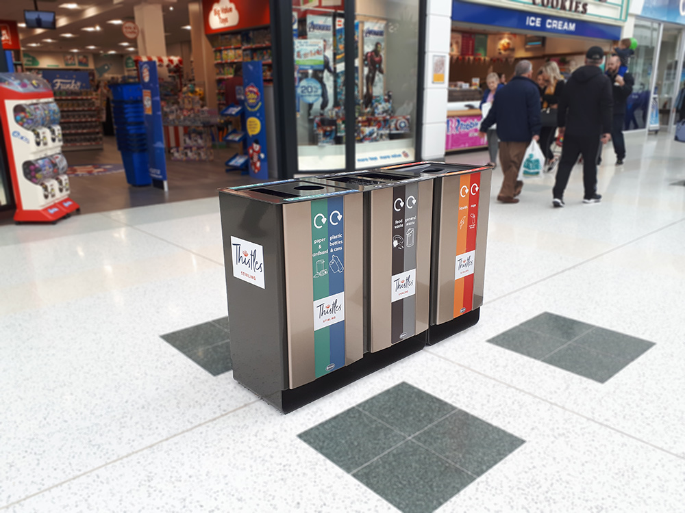 Electra™ 85 Duo Recycling Bin with personalised front vinyl graphics and side graphic