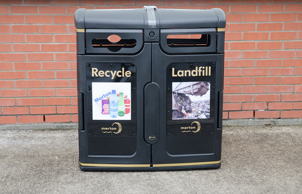 Gemini™ Recycling Bin with front graphics on polycarbonate plaque 