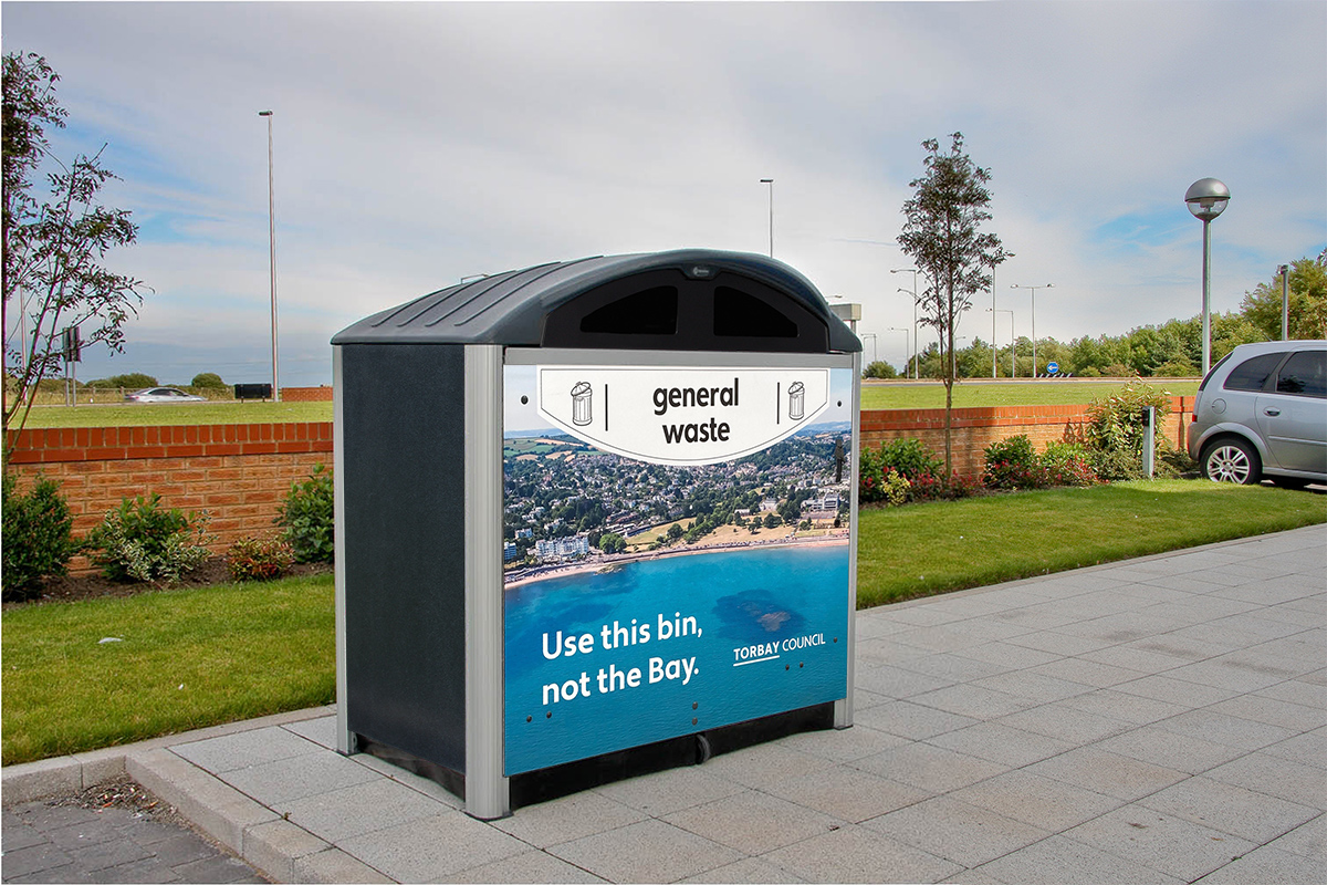 Modus™ 1280 General Waste Housing with front graphic from artwork supplied by the customer