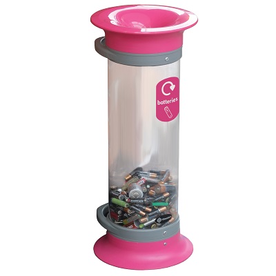 C-Thru™ 10L Battery Recycling Bin & Express Delivery Magenta/Black/Blue with Recycling Sticker
